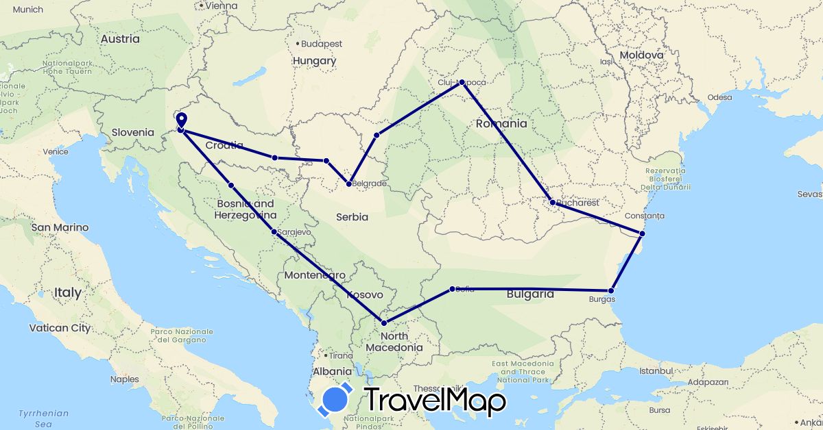 TravelMap itinerary: driving in Bosnia and Herzegovina, Bulgaria, Croatia, Macedonia, Romania, Serbia (Europe)